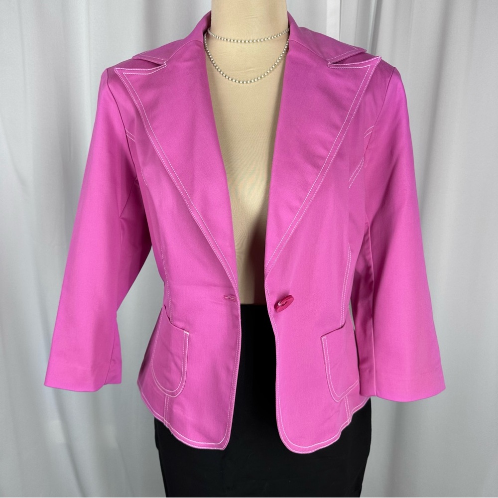 Vtg Sharon Young Jacket Sz 6 Pink 3/4 Sleeve Contrast Stitching Made‎ in USA